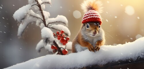 A delightful squirrel, adorned in a fluffy winter coat and a vibrant red stocking cap, gracefully balances on a snow-covered rock,  - obrazy, fototapety, plakaty