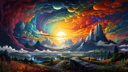widok doliny z górami i kosmicznym niebie z kolorowymi chmurami na planecie - obrazy, fototapety, plakaty