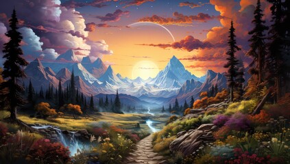 widok doliny z górami i kosmicznym niebie z kolorowymi chmurami na planecie - obrazy, fototapety, plakaty