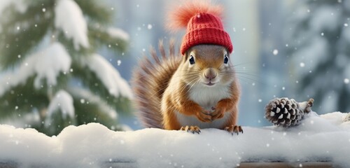 A delightful squirrel, adorned in a fluffy winter coat and a vibrant red stocking cap, gracefully balances on a snow-covered rock, adding charm to the winter scene. 