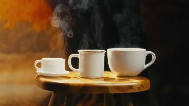 Hot coffee mug in the morning. Delicious drink to start the day. Steaming hot beverage.