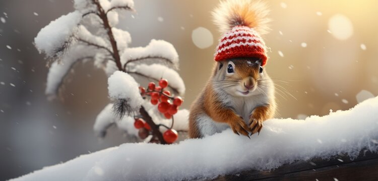 A delightful squirrel, adorned in a fluffy winter coat and a vibrant red stocking cap, gracefully balances on a snow-covered rock, 