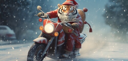 A delightful winter scene featuring a tiger on a scooter, its hat hilariously larger, maneuvering through a snowy landscape, wrapped in a snug winter coat and a festive red stocking cap.  - obrazy, fototapety, plakaty