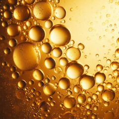 Golden yellow abstract oil bubbles or face serum background. Oil and water bubbles macro photography. ai generative