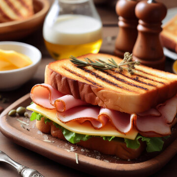 grilled ham and cheese sandwich on table wooden background. ai generative