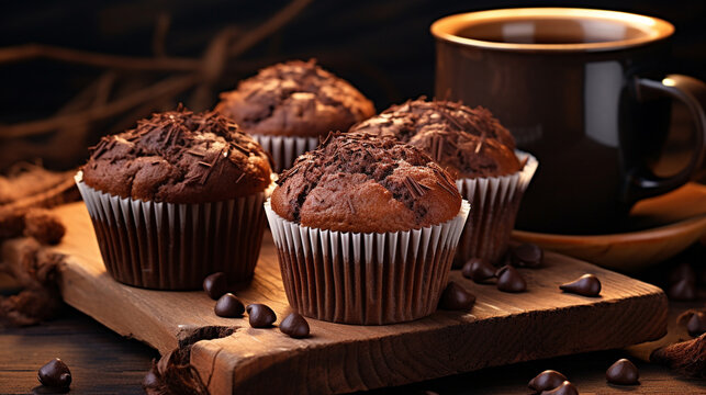 chocolate muffin and coffee HD 8K wallpaper Stock Photographic Image 