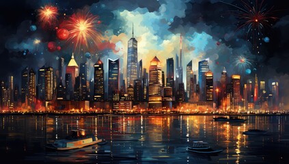 panorama miasta z wierzowcami i biurowcami w nocnym kolorowym niebie - obrazy, fototapety, plakaty