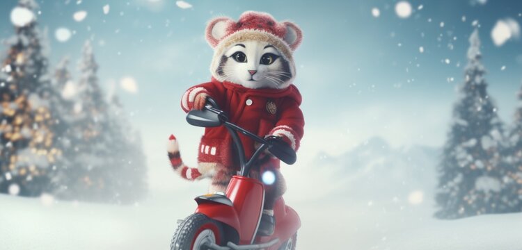 A charming leopard character, dressed in a snug winter coat and a red stocking cap with a white pom pom, skillfully riding a scooter through a magical snowy landscape, spreading joy and smiles.