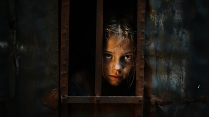 Little girl confined behind bars with dirty scratched face gazes with hope, evoking heart wrenching concept of child kidnapping, safeguarding children from abduction and harm