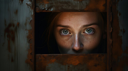 Young woman exasperated gaze from small hole in wall, filled with fear and despair in her eyes, evoking heart wrenching concept of female abduction for sex trafficking or organ harvesting - obrazy, fototapety, plakaty