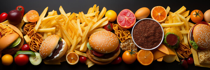 Various fast foods on the table, flat lay, burger, taco, hot dog, pizza, fries, drinks