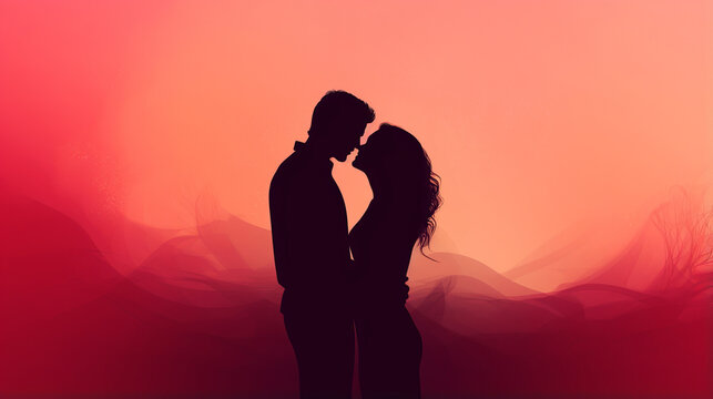 Loving couple silhouette kissing amidst romantic pink red haze evoking sense of profound affection and magic of love, symbolizes timeless love story of two hearts together, dreamy honeymoon