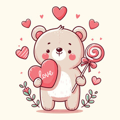 Cartoon Cute Valentine Illustration, Teddy Bear with Heart and Candy