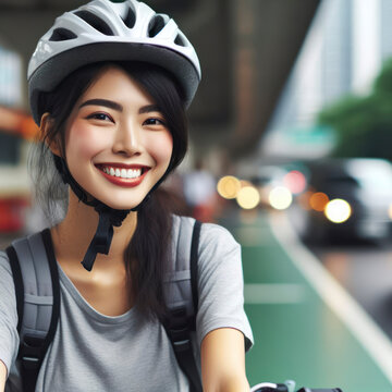 Woman in cycling helmet, positive smiling expression. ai generative