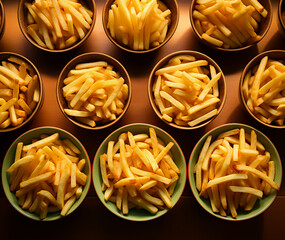French fries with different sauces on a dark background