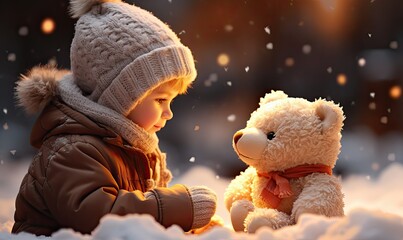 mała dziewczynka w zimowej czapce z pluszowym misiek na śniegu