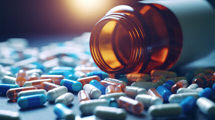 Many pills in bottles are scattered on the table