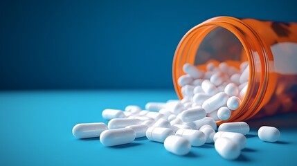 Close up of white pills in orange bottle on blue background with copy space for medicine