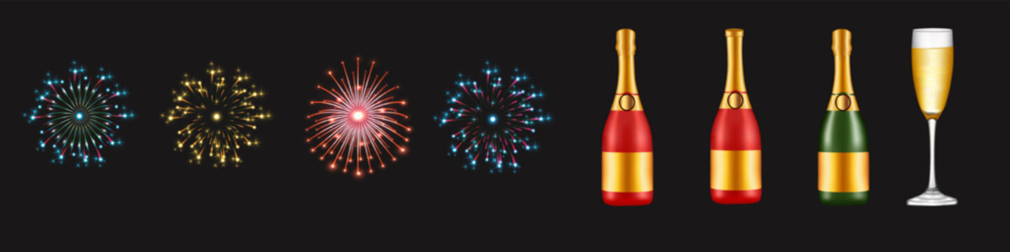 Festive firework bursting in various shapes sparkling pictograms set against a checkered background