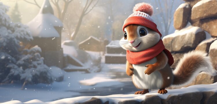 A charismatic chipmunk, in a stylish winter coat and a cute red stocking cap, enjoys a snowy day by the rocks,
