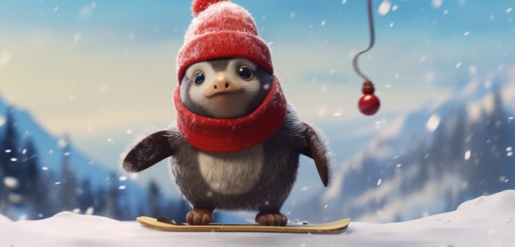A charming platypus character, dressed in a snug winter coat and a red stocking cap with a white pom pom, skillfully riding a scooter through a magical 