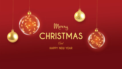 Christmas background with greeting message and transparent Christmas balls and lighting led string.