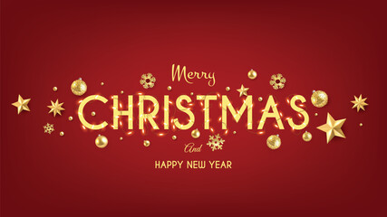 Fototapeta na wymiar Merry Christmas lettering with hanging lighting retro bulbs, Photorealistic vector design