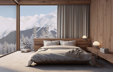 Cozy bedroom with beautiful mountain views from big windows