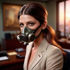 Businesswoman wearing gas mask to protect herself from the toxic environment in her office workplace