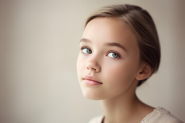 Fototapeta premium jeune fille aux cheveux châtain court et lisse, regard clair, arrière plan beige avec espace pour texte