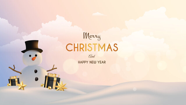 Vector render 3d style snowman on snowy landscape background.