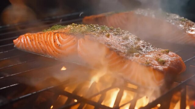 Grilling fillet salmon. Cooking process of red sea fish steak close up. Barbecue meal preparation outdoor. Bbq party. Keto diet concept. Tasty marine food. Baked filet seafood. Delicious trout slice.