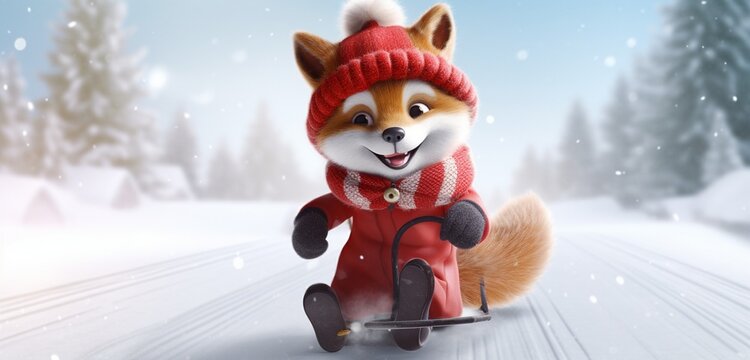 A heartwarming image of a storybook character fox, wearing a winter coat and a red stocking cap with a white pom pom, skillfully navigating a scooter through a charming snowy landscape. 