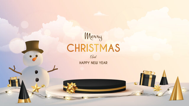 Black Christmas podium with snowy landscape and snowman, Rendering style vector illustration.