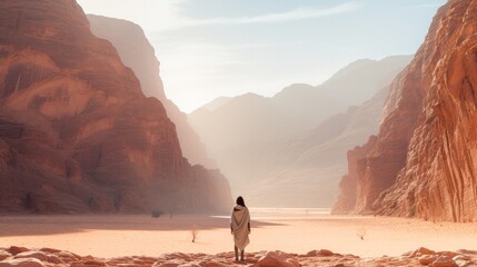Amongst expansive red sands and spectacular sandstone rock formations, Hisma Desert, Saudi Arabia ...