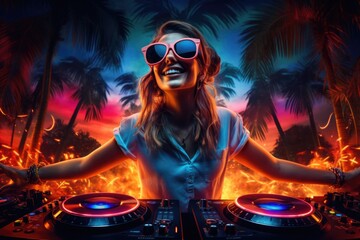 Happy attractive smiling dj using dj turntable, dancing, headphones, sunglasses, huge neon speakers on background neon light