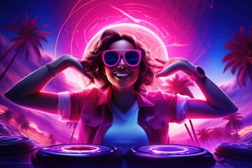 Happy attractive smiling dj using dj turntable, dancing, headphones, sunglasses, huge neon speakers on background neon light
