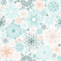 Many ornate snowflakes on a white background. Seamless pattern.