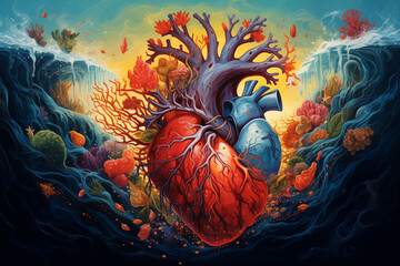 Sea heart with beautiful ocean on background. Stylized heart illustration with blue ocean waves, corals, plants and blood veins. Protect sea earth, conserve water ecosystem. World Oceans Day concept