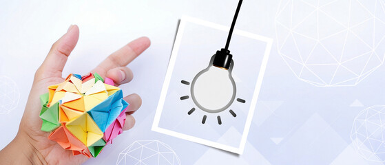 Develop creative background with different ideas and origami paper with light bulbs. hand, business, application, investment, development, child, toy, connection, banner, 3D rendering