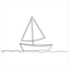 Single line art drawing continuous on sailboat icon and outline vector minimalist design