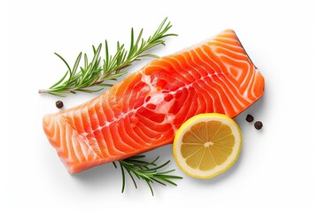 Fresh raw salmon steaks with spices, lemons on white plate. Top view of fish with copy space. Keto recipe. - obrazy, fototapety, plakaty