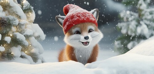 A cheerful fox, sporting a plush winter coat and a festive red stocking cap, explores a charming snowy scene,