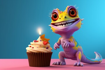 A cheerful gecko holding a tiny birthday cupcake, joining the celebration. Copy space on solid background.