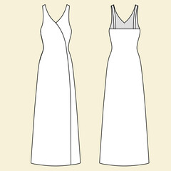 Dress fashion flat sketch template. Women long dress technical drawing. Fashion long dress with a corset. Dress with guipure and front slit. Technical fashion illustration. Fashion concept.