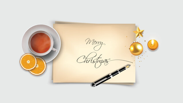 Top View of Merry Christmas lettering on paper sheet with inkpen. Realistic vector christmas object composition 