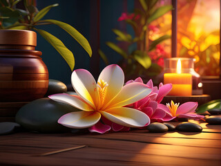 Fototapeta premium Spa treatment aromatherapy with candles, Stones and flowers for relax wellness.