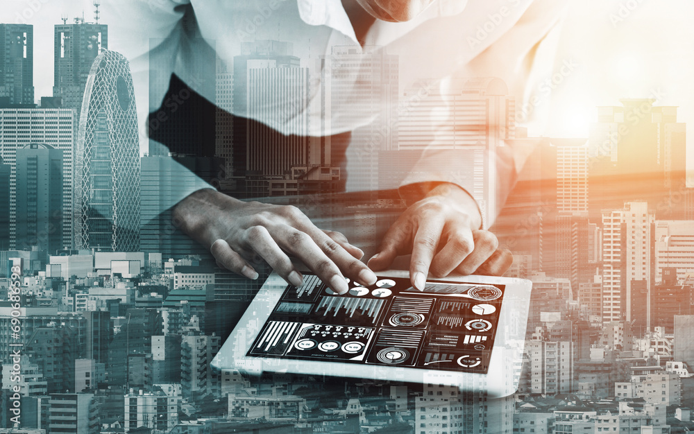 Poster data analysis for business and finance concept. interface showing future computer technology of prof