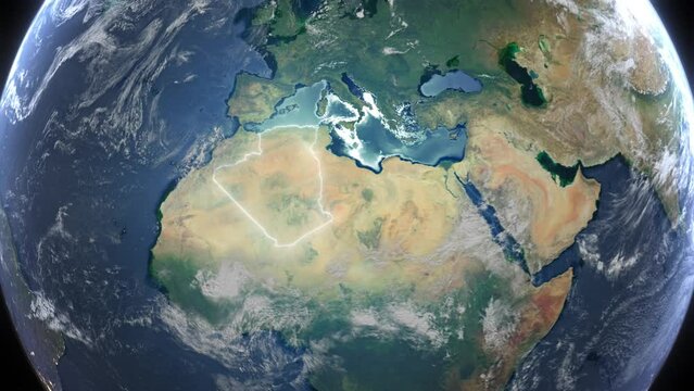 Realistic Earth Orbit and Zoom Glowing Borders Algeria