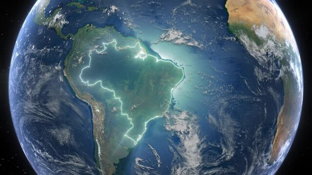 Realistic Earth Orbit and Zoom Glowing Borders Brazil